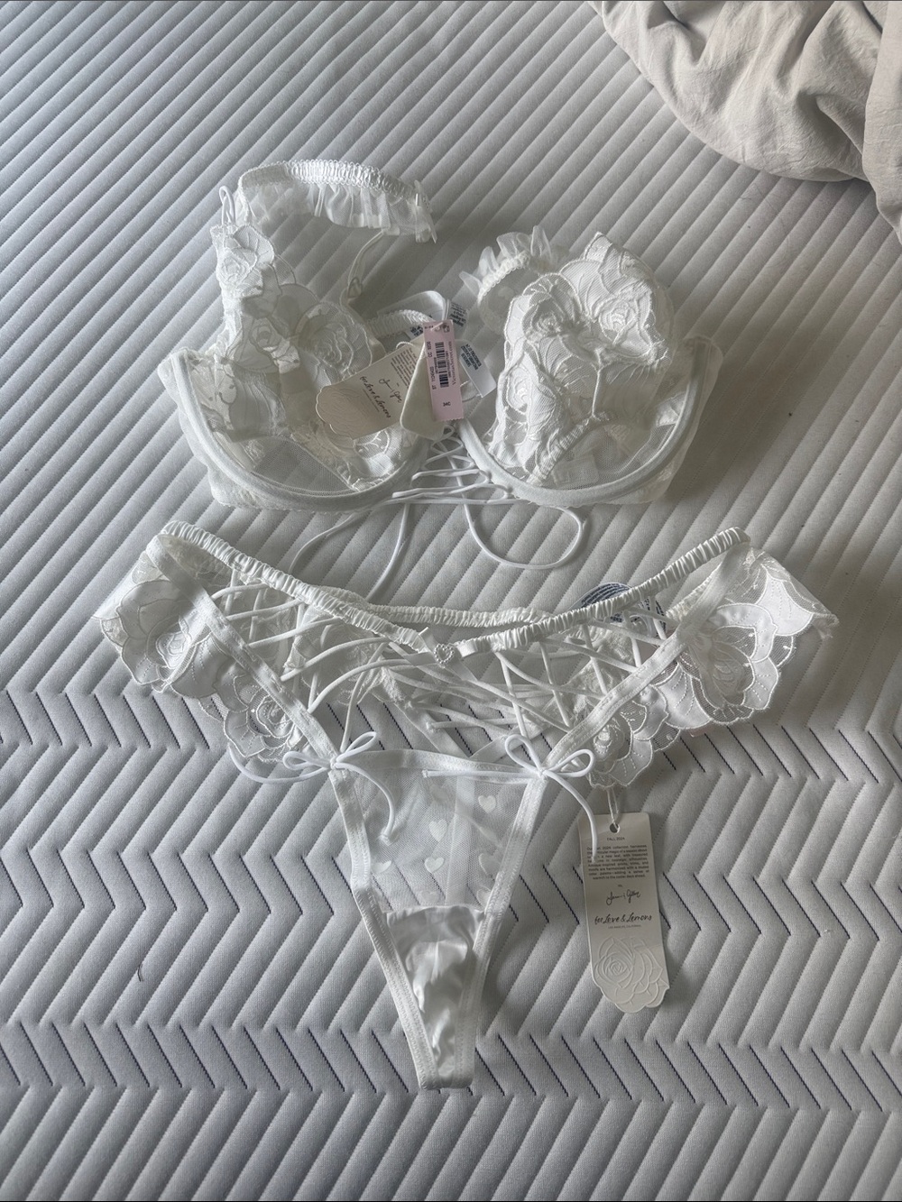 NWT For Love & Lemons White Lace Strappy Bra and Thong Set